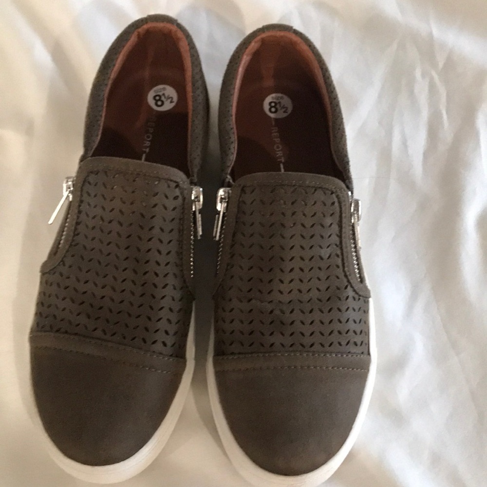 Report brand casual shoes with zippers. Olive green. New.